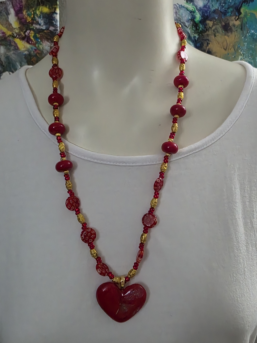 Red Heart Pendant Beaded Necklace